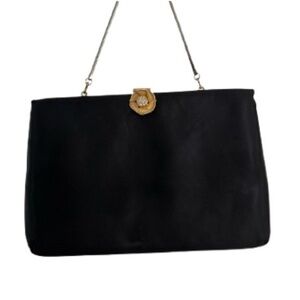 Vintage 1950s Ingber Black Satin Evening Bag w/ Rhinestone Rose Clasp